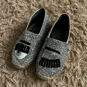 Chiara Ferragni Flirting Silver Glitter Wink Eye Ballet Slip On Flats SZ 36, 5.5